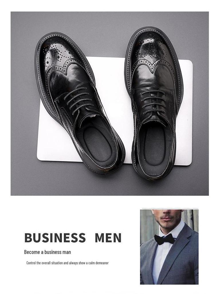 Men's Genuine Leather Formal Brogue Shoes - British, Thick-Soled, High-End Business Style, Top Layer Cowhide
