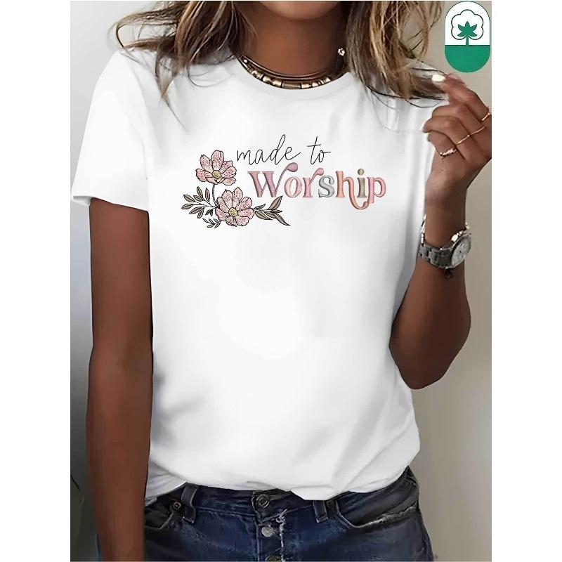 Women's Made To Worship Floral Print T-Shirt Crew Neck Short Sleeve Black White Regular Fit Machine Washable Daily Travel Top