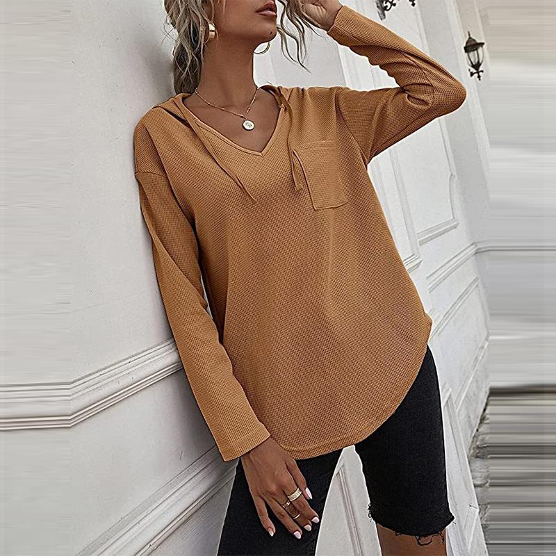 Dámské mikiny s kapucí do V s dlouhým rukávem Pulovr se stahovací šňůrkou Topy s kapsou