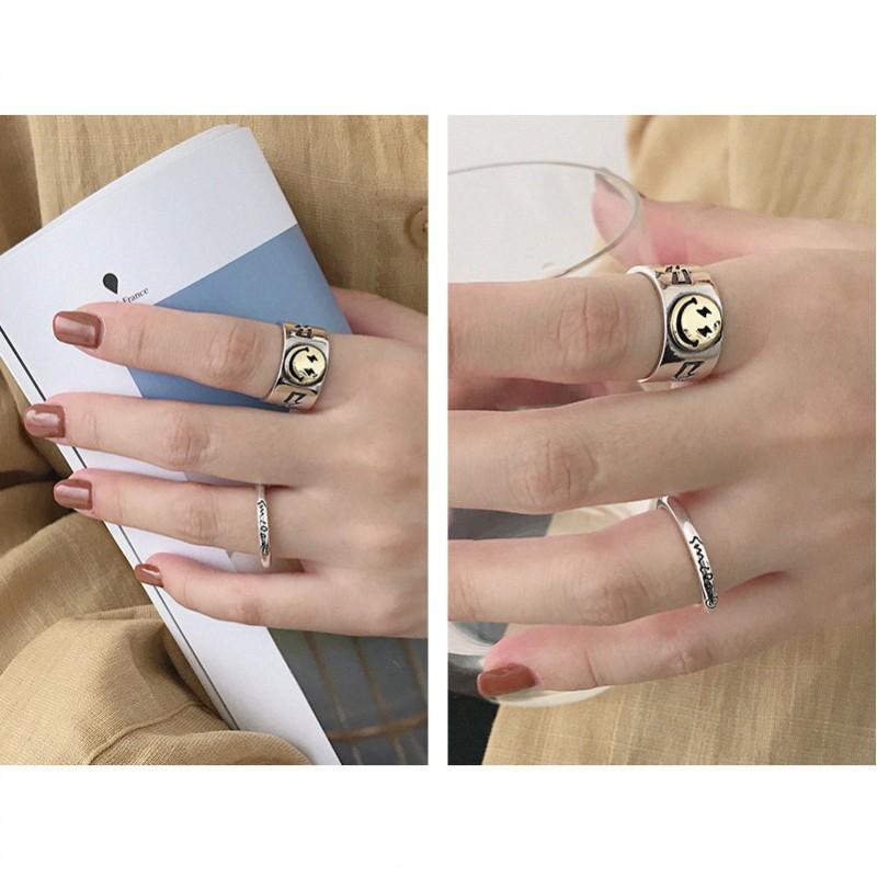 Adjustable Open Face Ring With Smiley Design Plated Copper Unisex Retro Style Statement Jewelry Finger