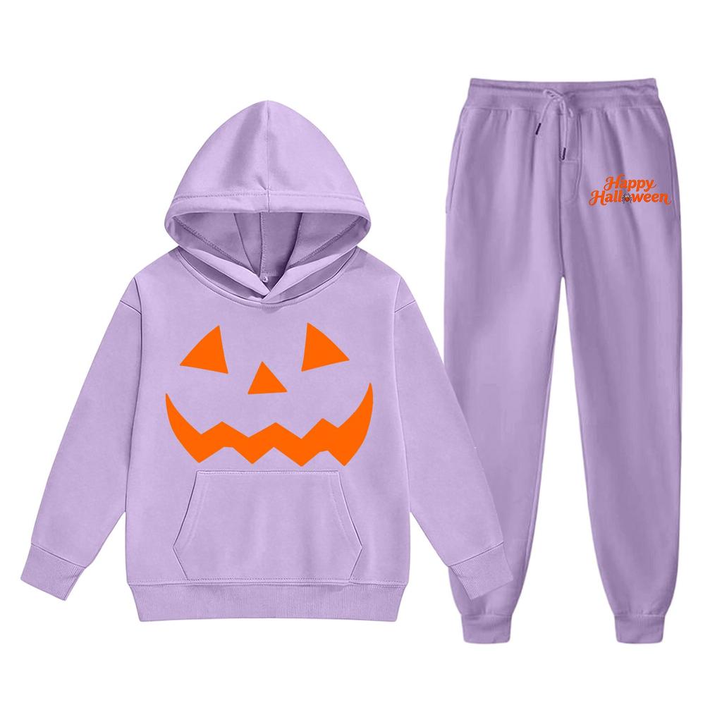 Kids Hoodie and Sweatpants Set with Halloween Print for Holiday Wear
