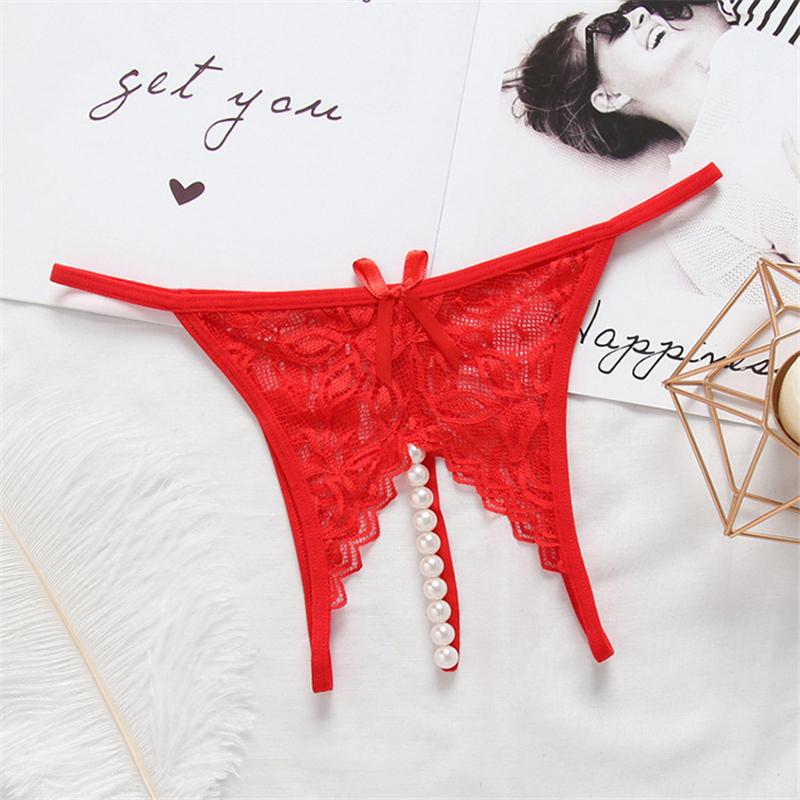 M - XL Plus Size Lace Panties Women Sexy Transparent Underwear Pearl Massage Culotte Femme Open Crotch Thongs G-strings For Sex