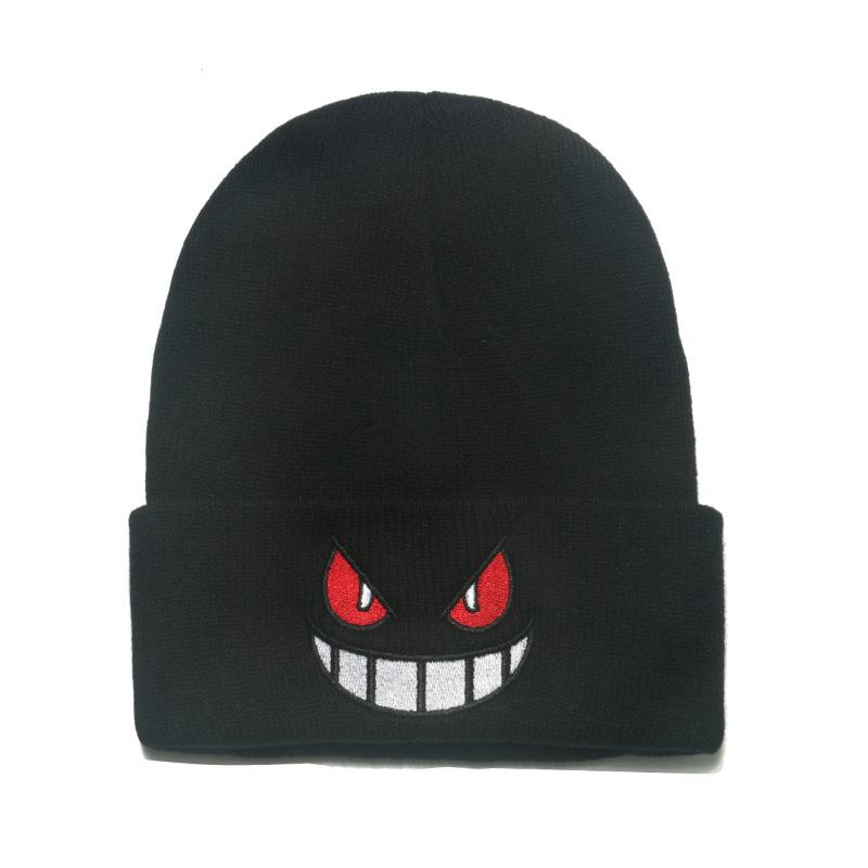 Beanie anime cartoon big mouth red eyes embroidery knitted hat pullover thermal hat autumn and winter wool hat female