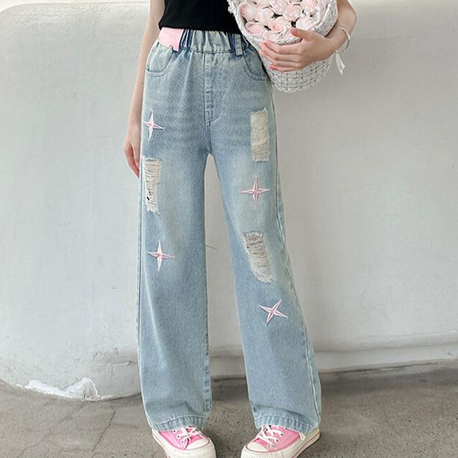 Girls' Wide Leg Pants Girls' Jeans Straight Leg Children's Ripped Jeans Spring and Autumn Styles