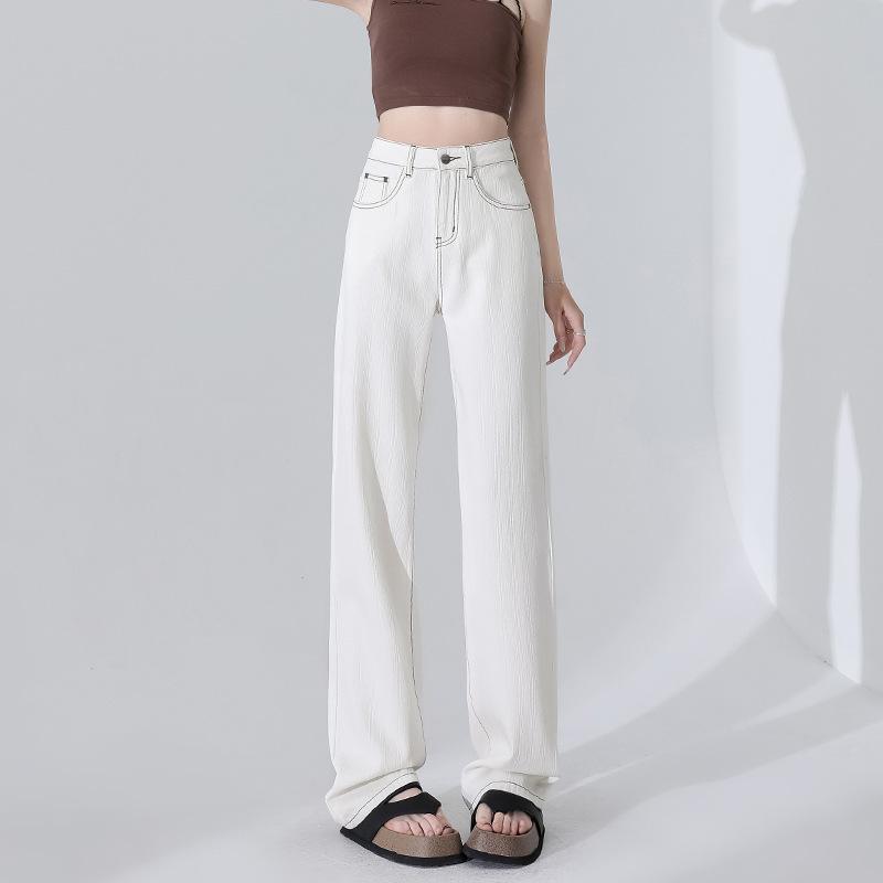 Wide-legged Floor Jeans for Women, Autumn Wide-legged Pants for Women, Autumn Straight Pants for Women, Autumn Ivory White Pure Cotton