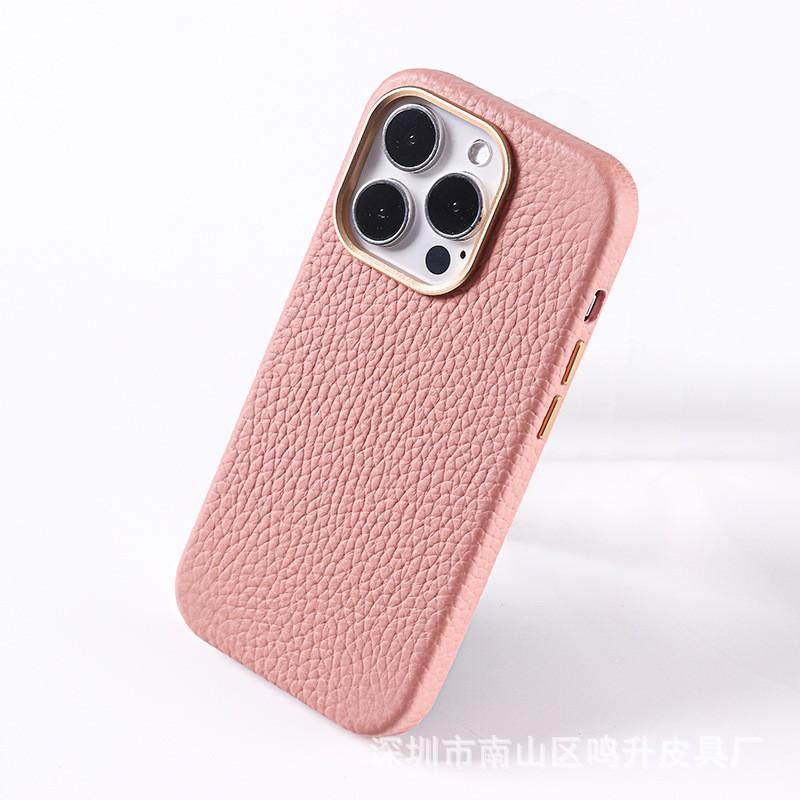 Étui iPhone en Cuir Véritable Compatible MagSafe Texture Mince Coque Arrière 12 À 14 Pro Max