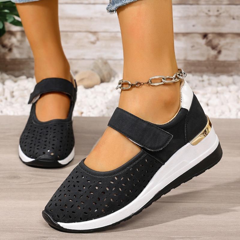 Women's Summer Lightweight Breathable Hollow Velcro-Strap Wedge Casual Slip-On Shoes, Available In Large Sizes.