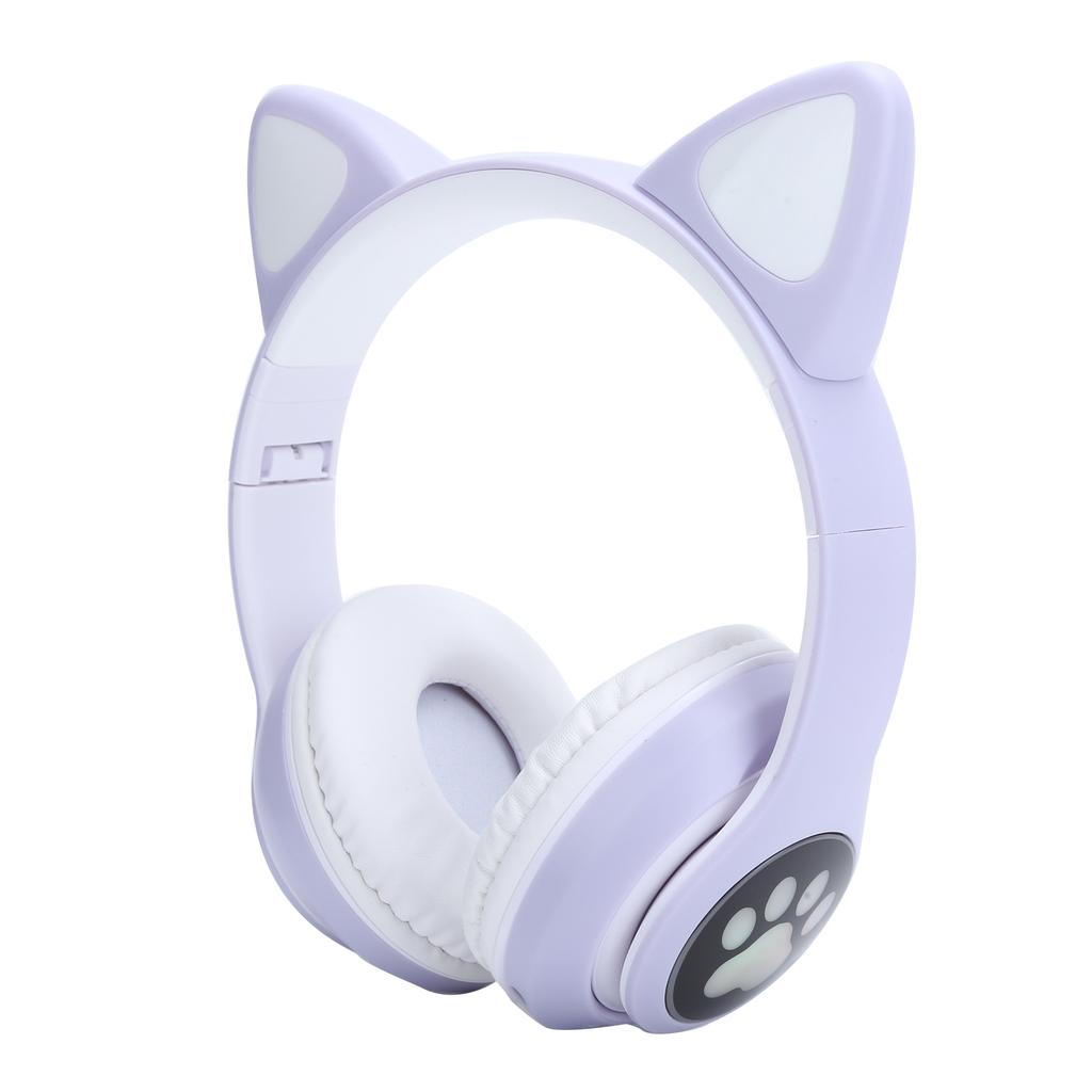 Bluetooth 5.0 Headphones Cat Ear LED Light Wireless Cute Headsets for Young PeoplePurple Cat Paw Pattern