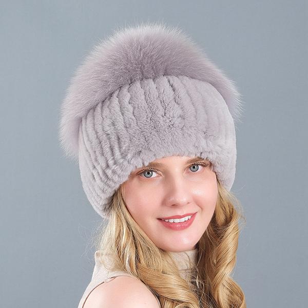 New Style Women Real Genuine Fox Fur Beanies Hat Girls Natural Real Rex Rabbit Fur Skullies Cap Knit Winter Real Fur Hats