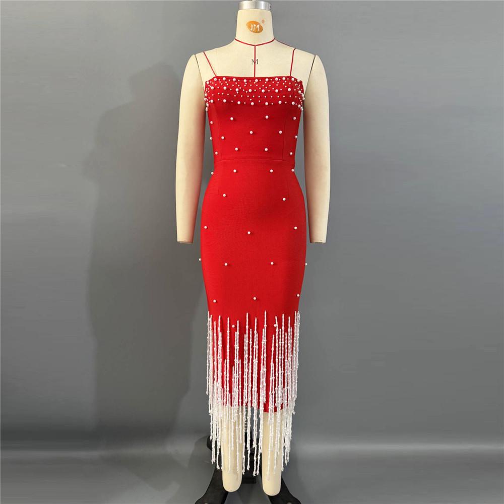 European Strapless Beaded Bandage Dress with Elegant Tassels