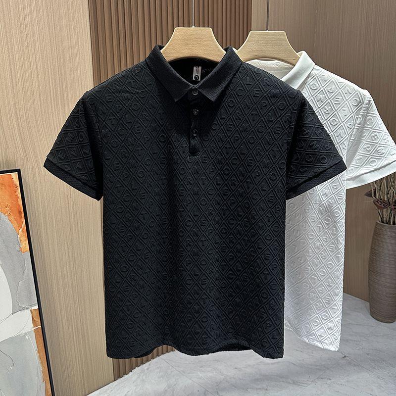 

Новая жаккардовая рубашка поло для мужчин, модная легкая роскошная рубашка с короткими рукавами и лацканами, универсальная деловая футболка с защипами, модный бренд M белый