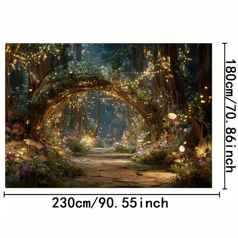 2D Fantasy Garden Tapestry Enchanted Forest with Stone Path & Glowing Lights Wall Art