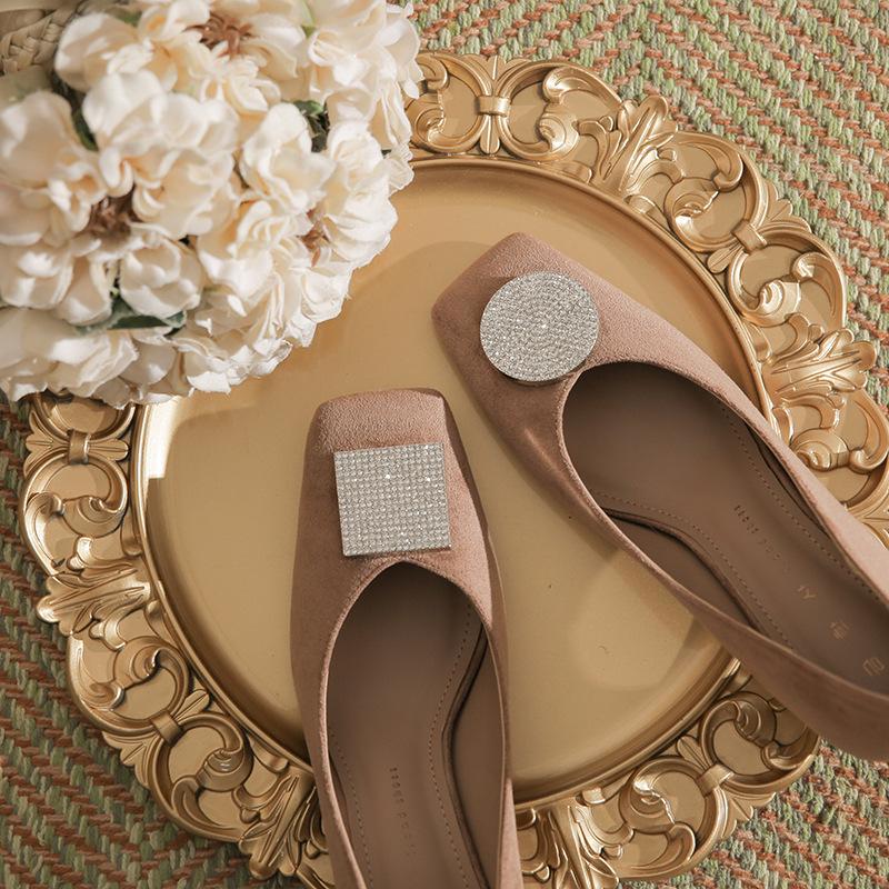 H823-1 Square Buckle Ornament Suede Thick Heel Women's Shoes Small Square Head Sheepskin Insole Autumn and Winter New Shoes Female Internet Celebritie