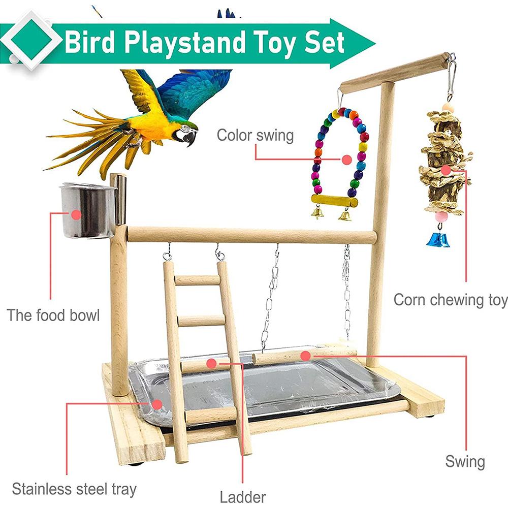 Wood Bird Playground Parrot Playstand with Feeder Cups Ladder Versatile Exercise Swing Toys for