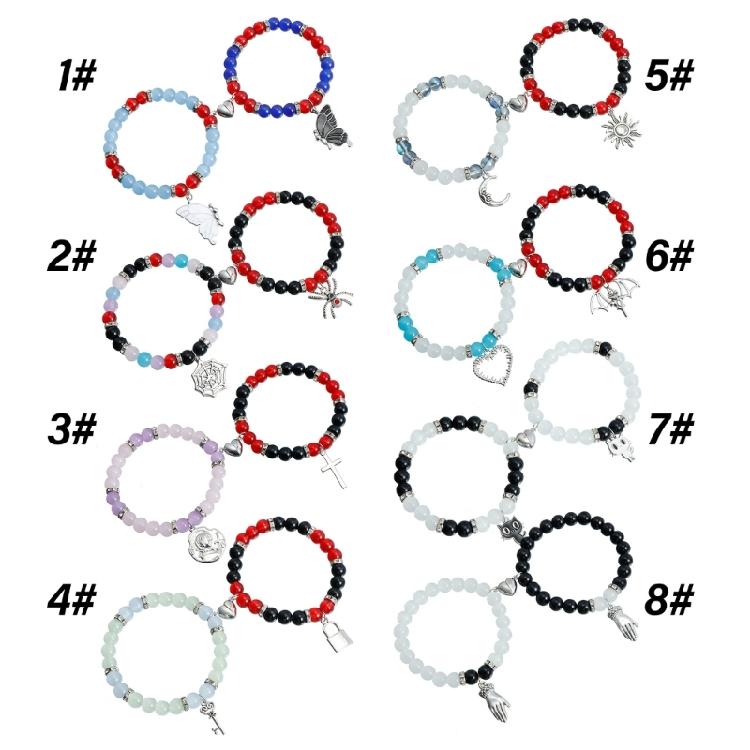 2Pieces Elegant Crystal Bead Bracelet Magnetic Clasp Handchain for Couples Adjustable Matching Wristbands Accessory