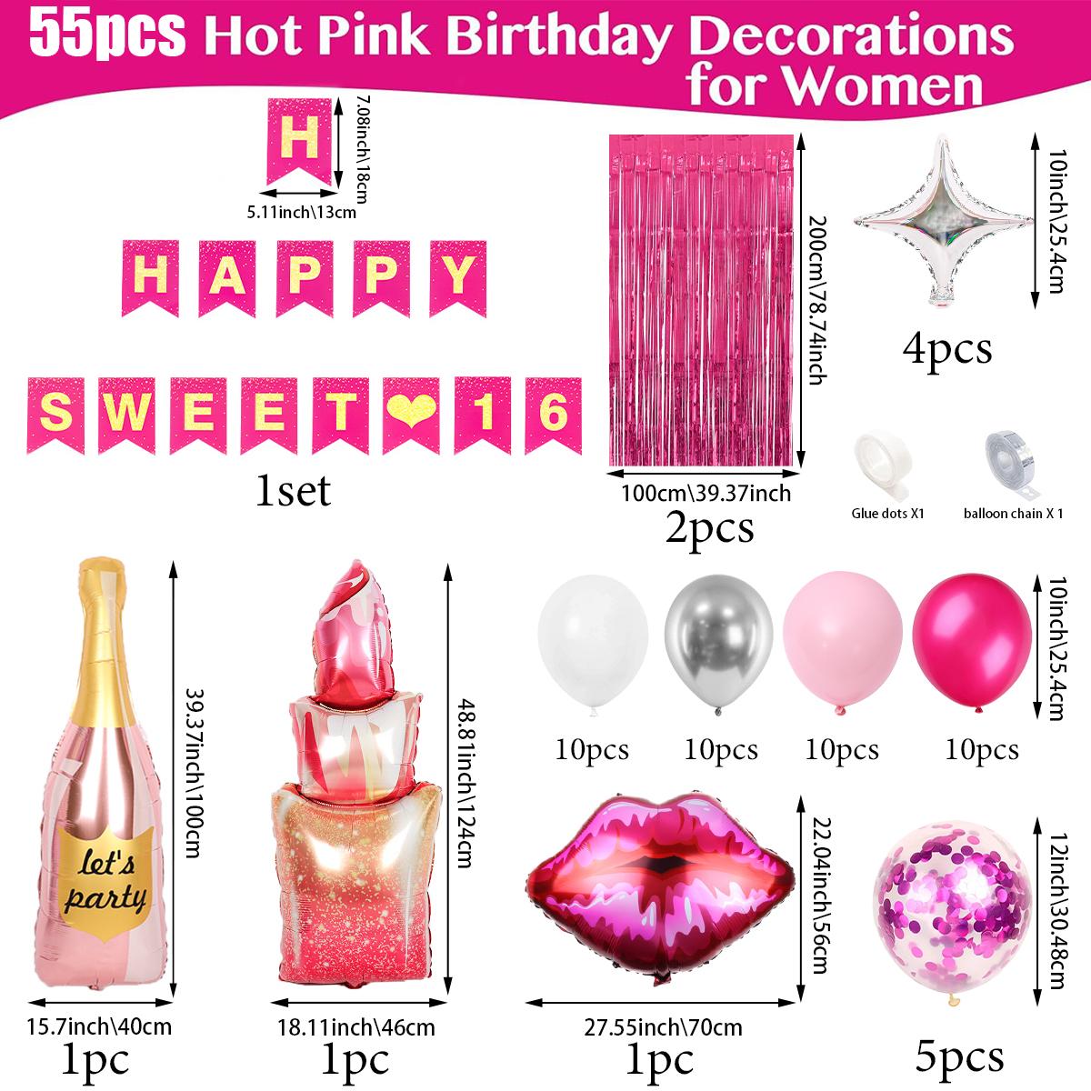 

55 шт. ярко-розовых украшений на день рождения для женщин, украшения на 16-летие девочек, занавески с кисточками, баннер с надписью «С днем рождения» Other