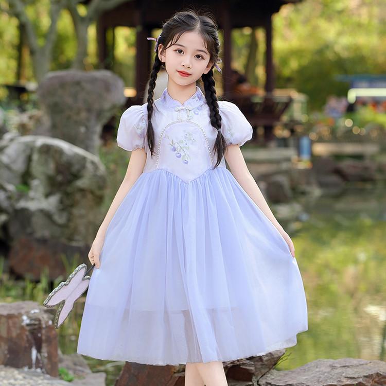 Summer Girls' New Chinese Style Dress, Medium Size Children's Mesh Qipao Skirt, Bubble Sleeves Princess Skirt, Girls' Fashion
