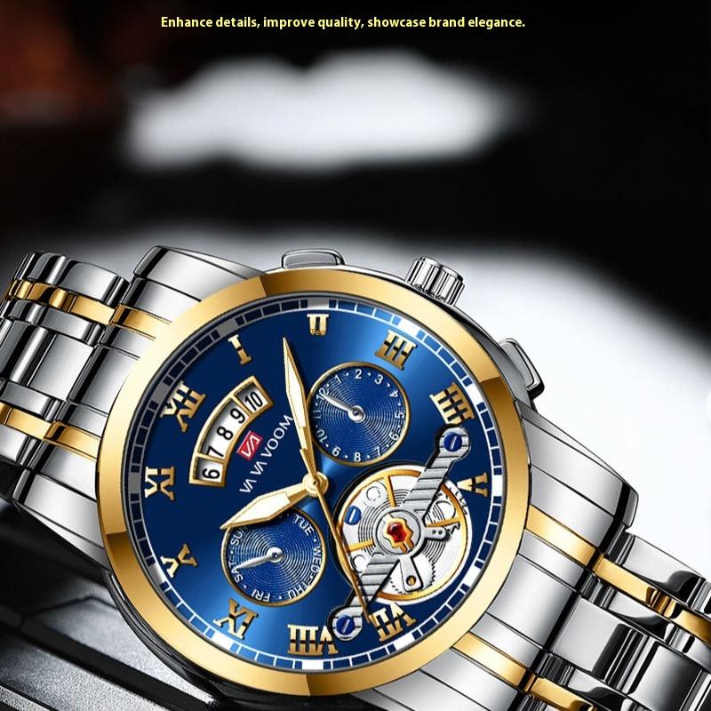 Men's Stainless Steel Tourbillon Watch Men's Student Quartz Watch Business Calendar Waterproof Steel Strap Watch Large Dial