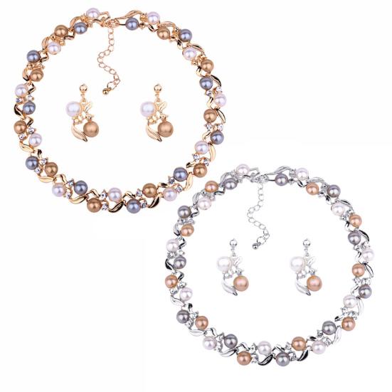 Elegante Frauen Faux Perle Strass Halskette Ohr Stud Ohrringe Party Schmuck Set