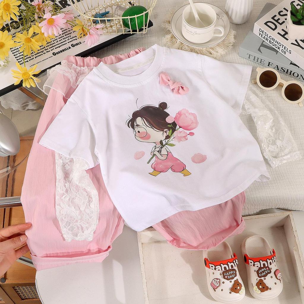 Summer Baby Girl 3D Print Lace Cotton Mosquito-Proof Two-Piece Short Sleeve Set
