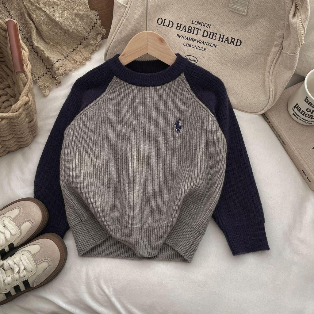 2024 Autumn/Winter Kids' Color Block Round Neck Sweaters: Korean Style Thick Pullover for Boys and Girls Trend