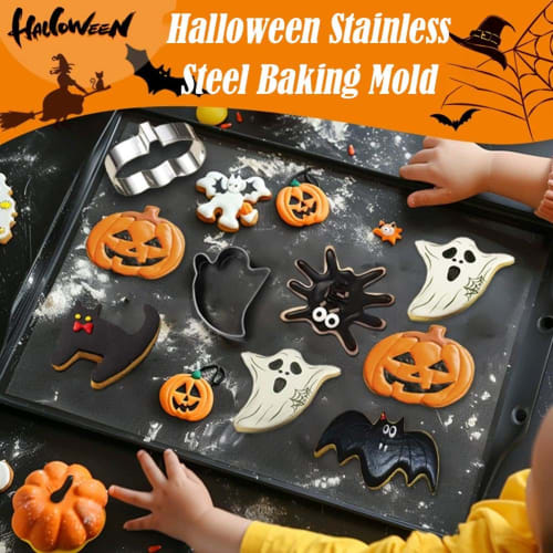 Shnmersy Halloween Cookie Cutter, Stainless Steel Biscuit Molds, 1 Piece/Set of 6, Cat, Spider, Ghost, Pumpkin, Hat, and Bat Shapes, Baking Tools, DIY