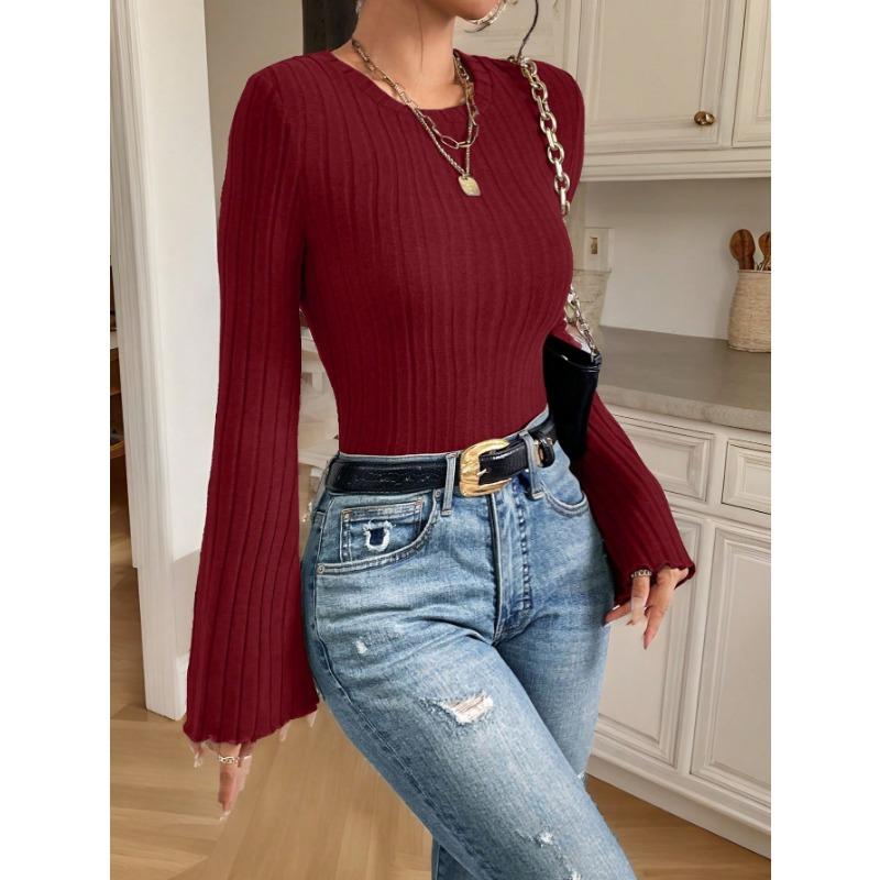 Women S Slim Fit Long Sleeve Knit Top Crew Neck Brushed Fall Winter