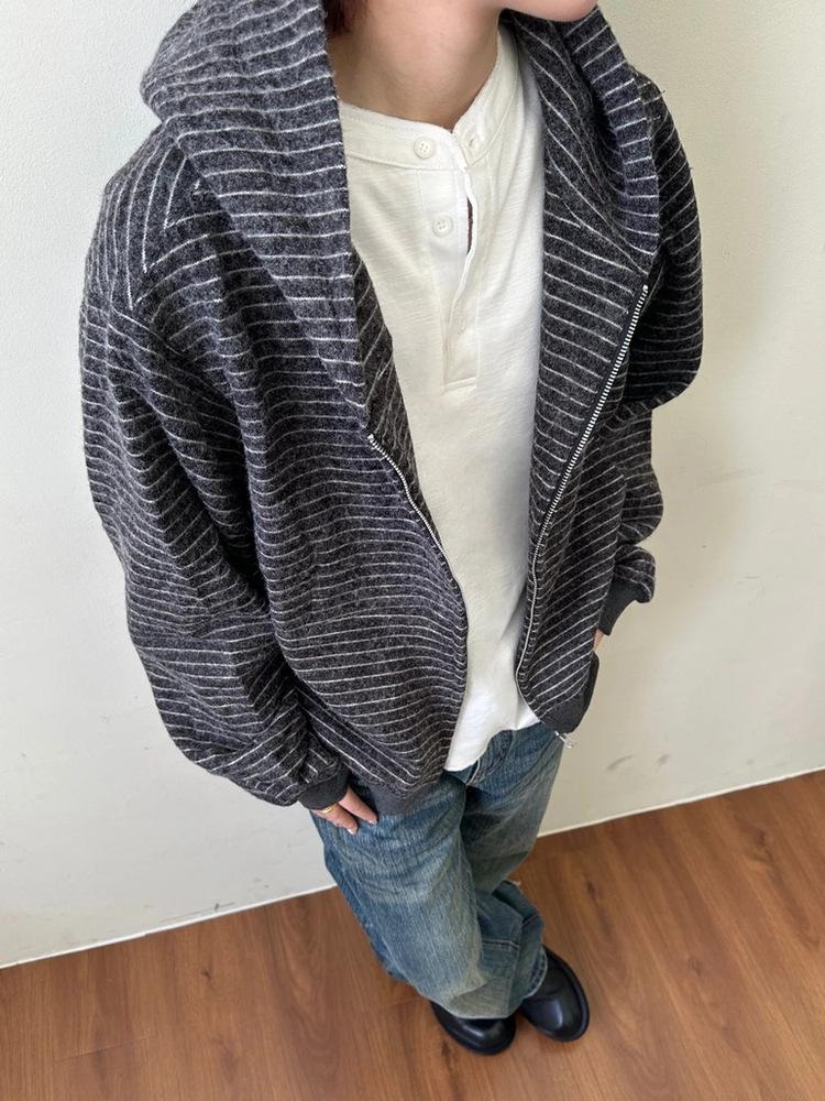 Unisex Striped Velour Hooded Cardigan Sweatshirt, Autumn/Winter, National Trend, Loose Fit, Versatile Zip-Up Jacket