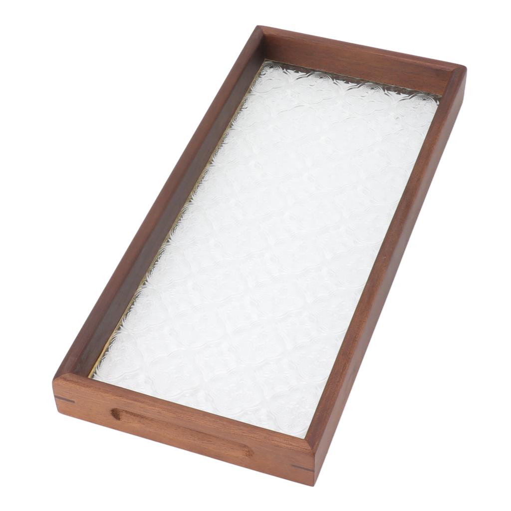 Rectangle Tea Serving Tray Walnut Glass Robust Wooden Glass Tea Tray for Cake Bread Breakfast Snack
