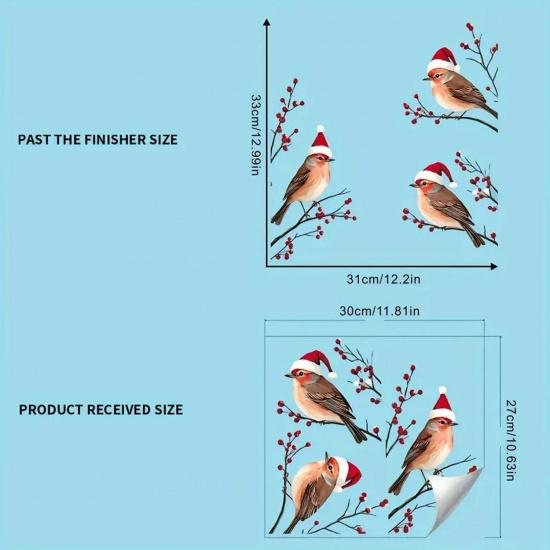 Christams 3 Birds in Red Santa Hat Window Clings, Xmas Theme Flower Birds Design Glasses Decorations, 11.8 * 10.6Inches Size Chritsmas Window