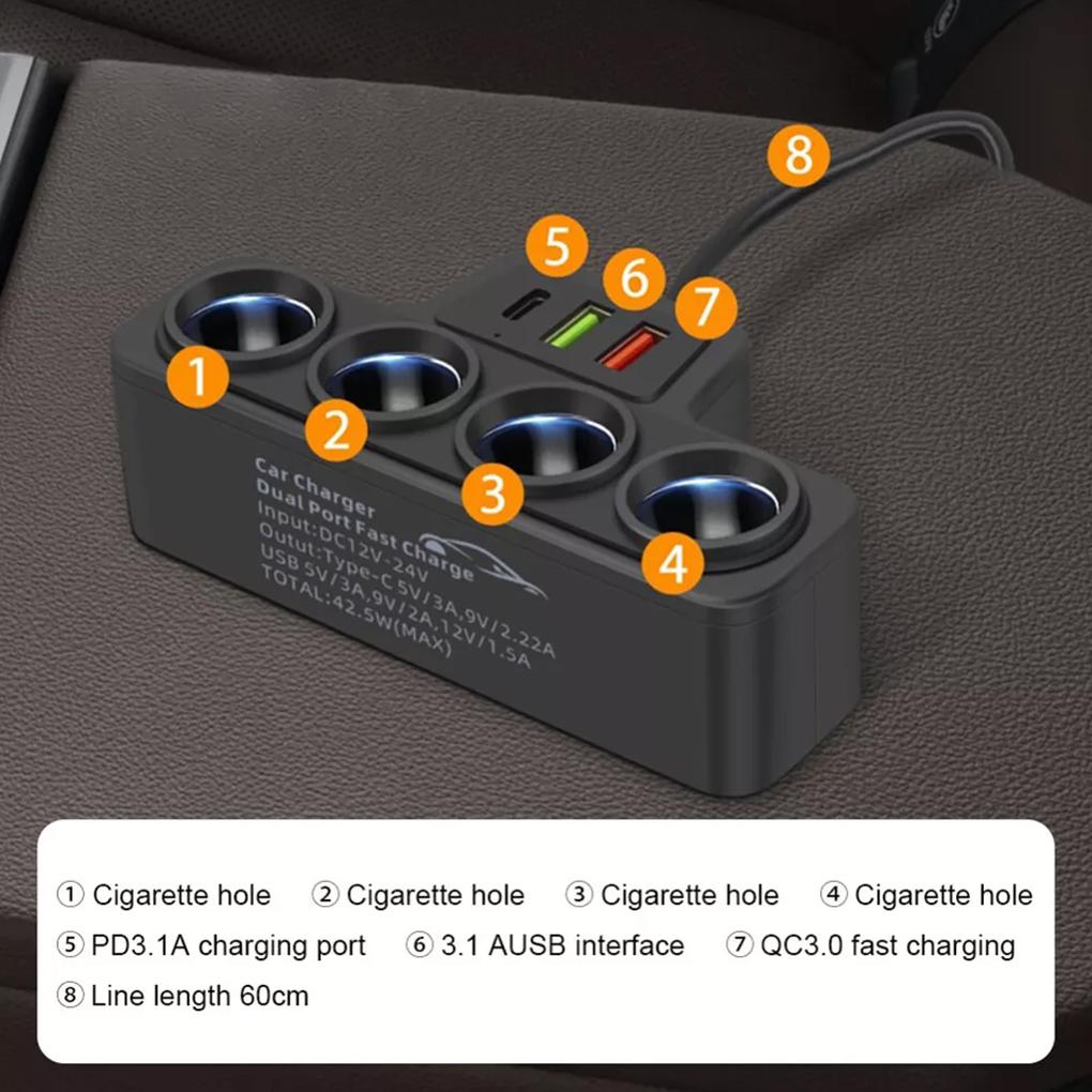 Sturdy And Wear-resistant Car Cigarette Lighter With 4 SlotsPDUSBQC0 Cigarette Lighter Splitter