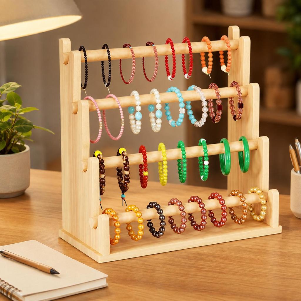 Wood Jewelry Organizer with Base Tray Open Design Tabletop Display Rack Stable Necklace and