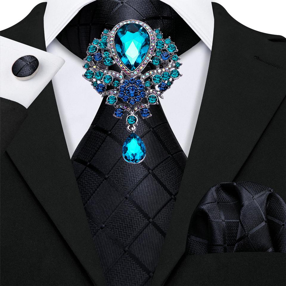 Mens Fashion Black Tie with Brooch Formal Silk Necktie Hanky Cufflink Set