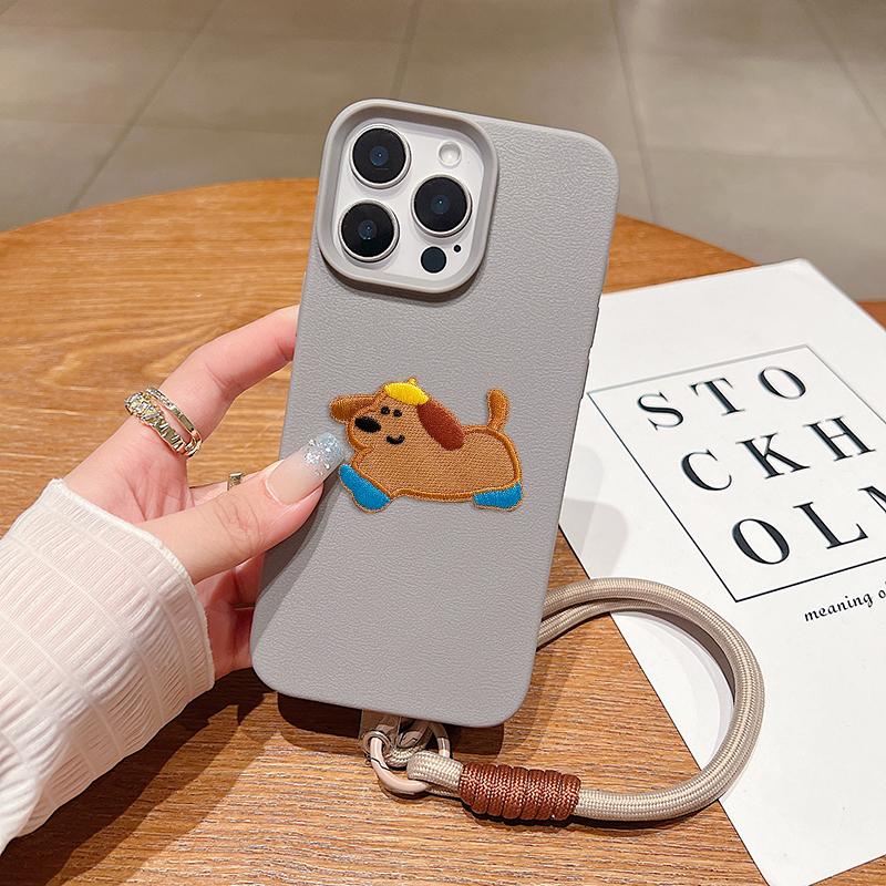 Korean Cute 3D Cartoon Embroidery Dog Lanyard Rope Phone Case For iPhone 17 16 15 14 13 11 12 Pro Max 16 Plus Funny Puppy Cover