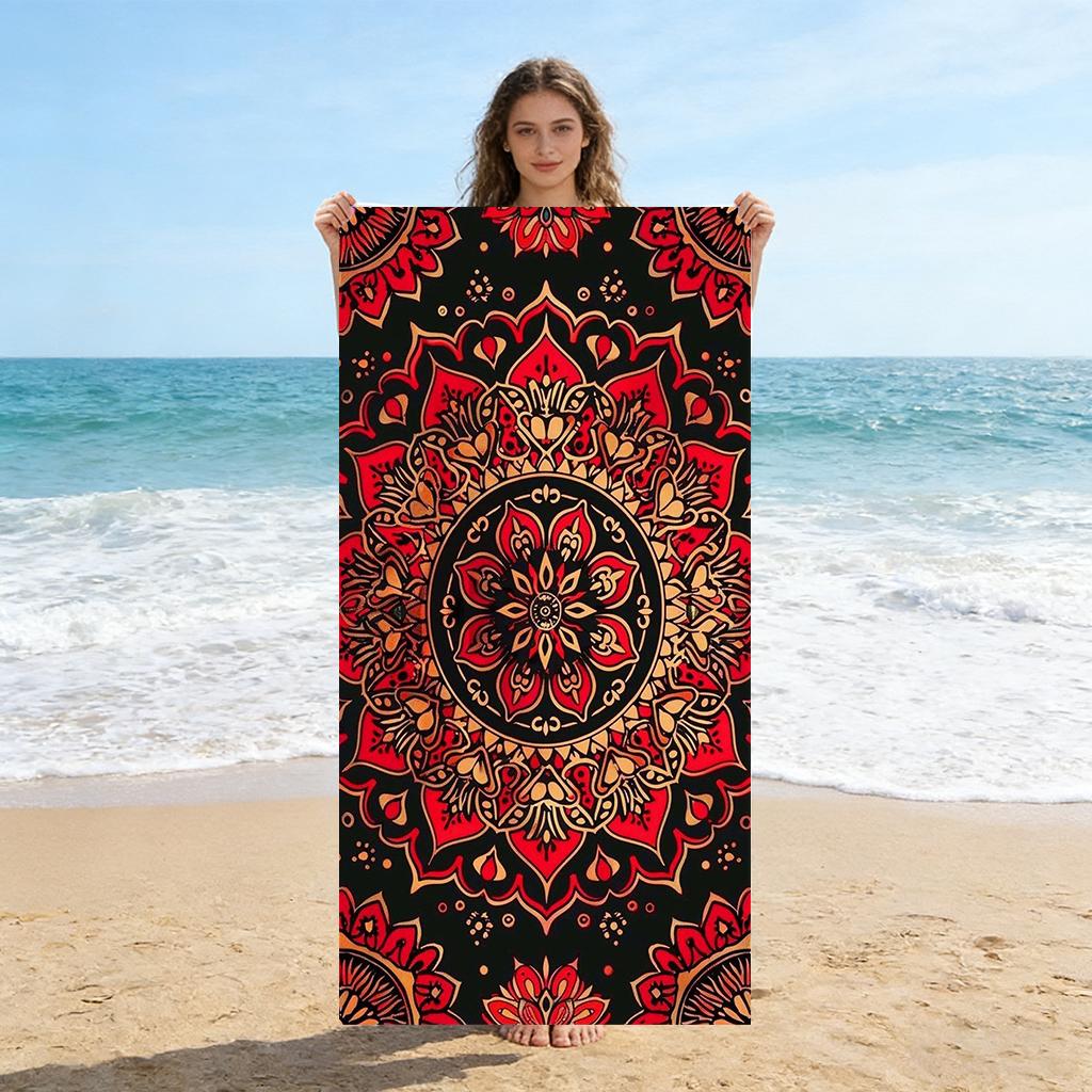 Bunt gemustertes Schwarz-Rot Mandala Strandtuch Groß Schnelltrocknendes Handtuch Geeignet für Strand Pool Yoga Handtuch Sommergeschenk für Freunde