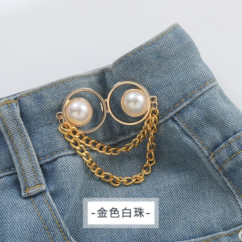 4pcs Pearl Chain Button Pins for Loose Jeans No Sew Pant Waist Tightener Adjustable Button Waistband Tightener Clips for Women