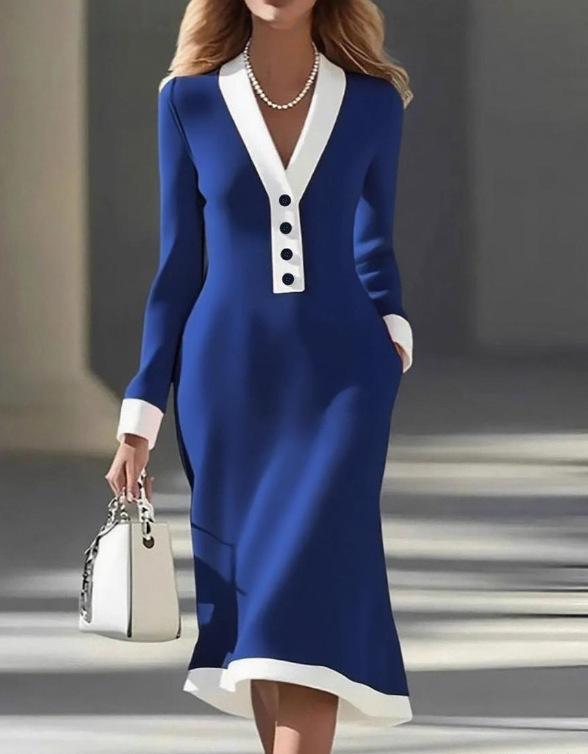 2026 European & American Elegant V-Neck Color Block Mid-Length Spring/Autumn Dress