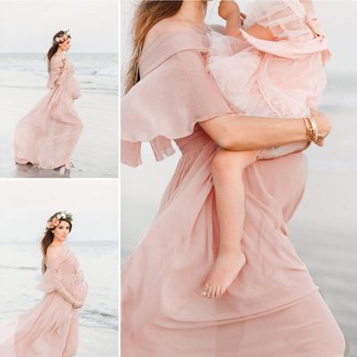 (SU)Women Pregnants Maternity Photography Props Short Sleeve Ruffles Solid Dress