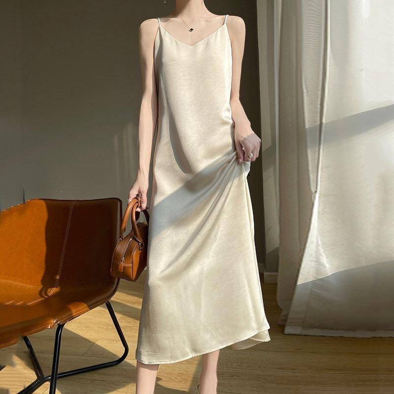 Light Luxury High-end Style Printed Satin Suspender Dress Women's New Temperament New Chinese Acetic Acid Dress