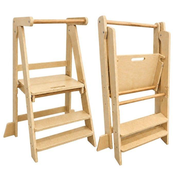 GINGER HOME Tour Montessori Enfant Pliable, Natural Solid Wood Learning Tower, Safe Kitchen Step Stool, 51x37x92 Cm