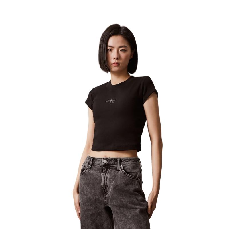 Calvin Klein Monogram Logo Print Slim Fit Crew Neck T-Shirt Women Tops Black J221171-BEH