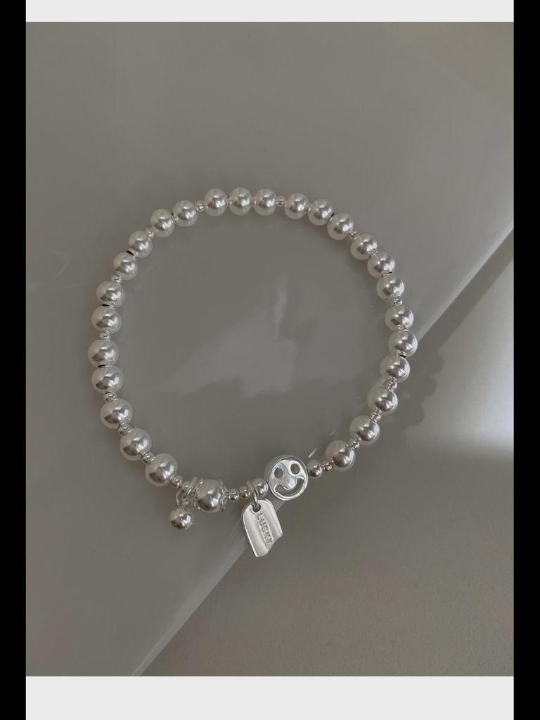Koreańska srebrna bransoletka S925 z uśmiechnięą buźką: Koralik Retro, Kwadratowa Zawieszka, Symbol Szczęścia