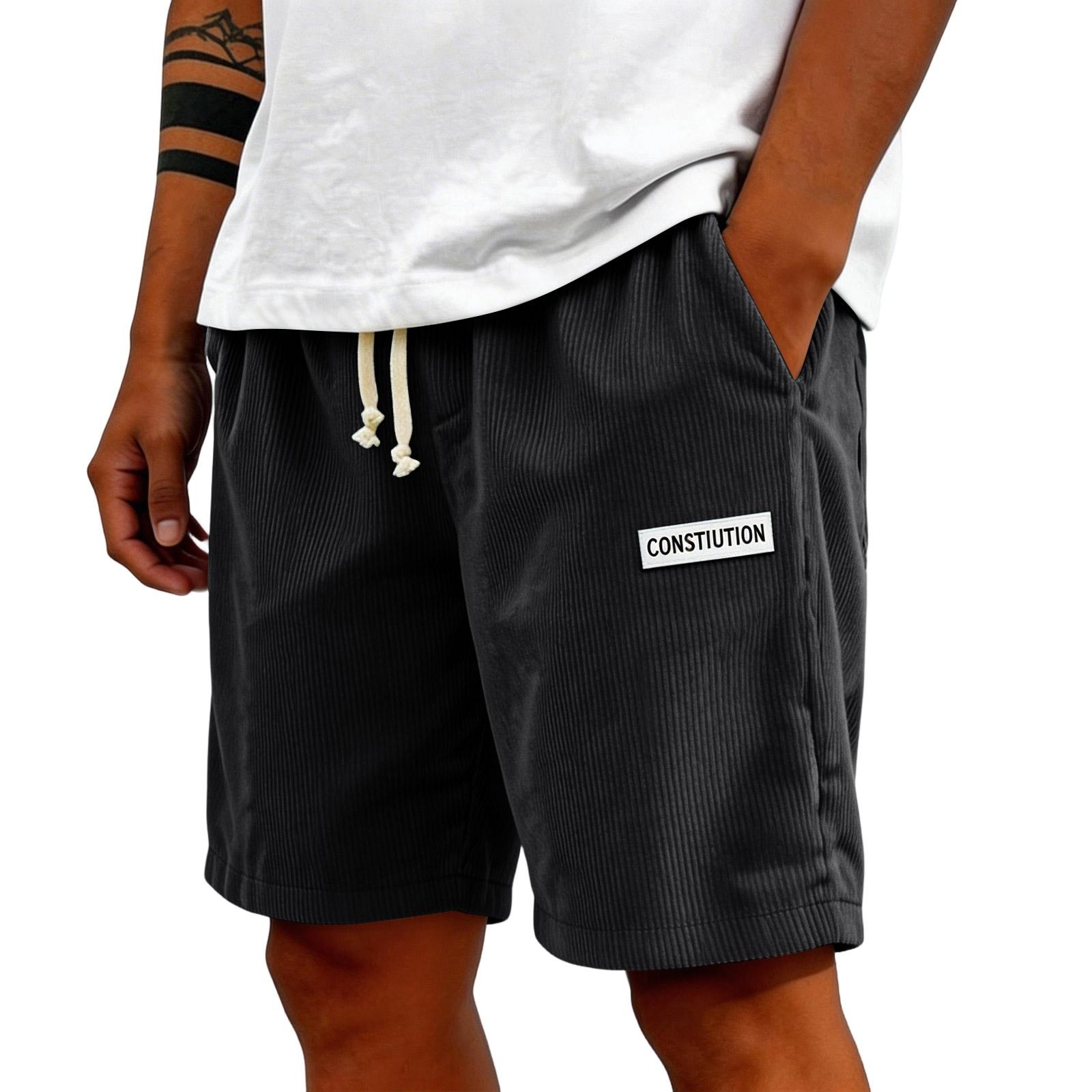 Men s Corduroy Casual Shorts - Drawstring Elastic Waist Wide Pants With Pocket Labels And Five-pocket Design M чёрный