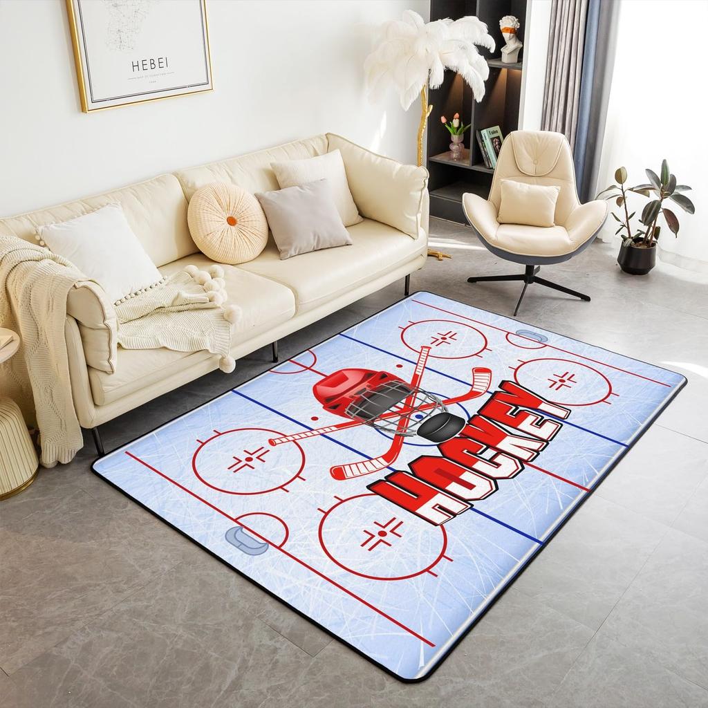 Soft Ice Hockey Carpet Rug for Boys Teens Winter Sport Indoor Floor Mat Bedroom Living Room Doormat