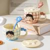Cartoon Ceramic Cup With Cover, High-Value Household Couple Water Cup Gift Box, Small Gift Idea