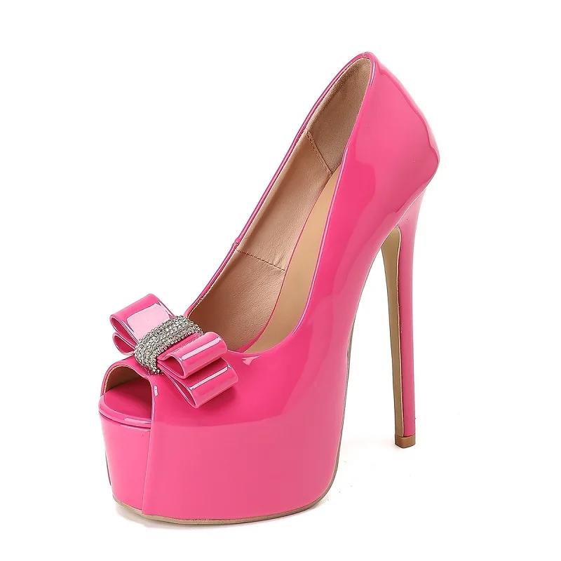 

Eilyken Fashion Water Diamond Bow Decorative Peep Toe Platform 16cm Shallow Mouth Ultra High Heels Women s Single Pumps Shoes 35 рожевий червоний колір
