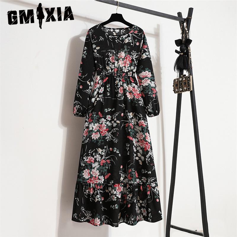 GMXIA 25 Colors Spring Women Maxi Dresses Casual Long Sleeve Floral Print O-Neck Ladies Long Dress Bohe Beach Party Mujer Vestidos Muslim Dress
