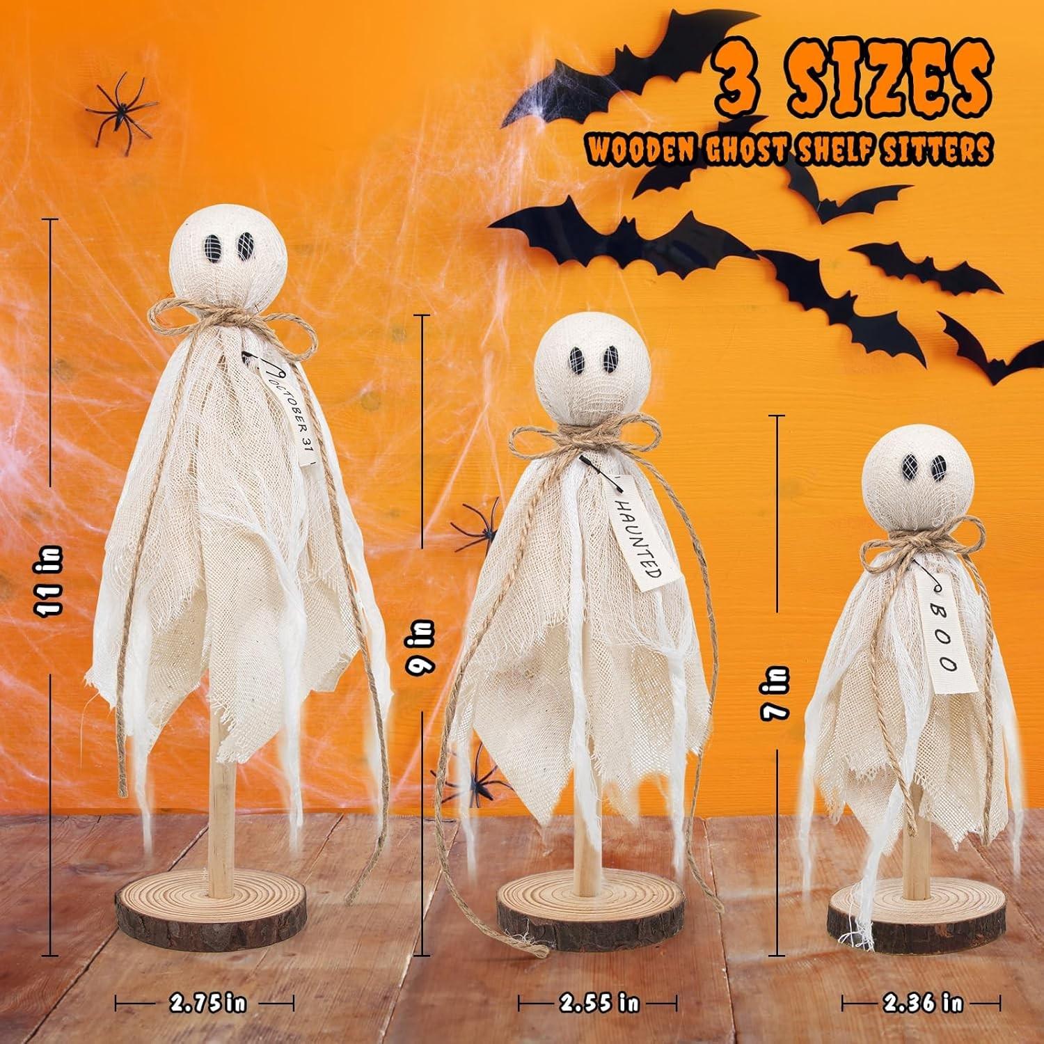 

Hot-selling Halloween ghost ornament wooden products three-piece set wooden base Halloween decoration supplies