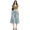 Trendy Summer High Street Vintage High Waist Slim Wide Leg Straight Denim Cropped Capri Pants Versatile AllMatch Casual Bottoms