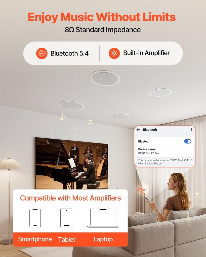 Bluetooth Ceiling Speakers, 165.1 mm, In Ceiling & In-Wall Speaker System with Amplifier, 2-Way, for Damp Humid Placement, Home Theater, Covered